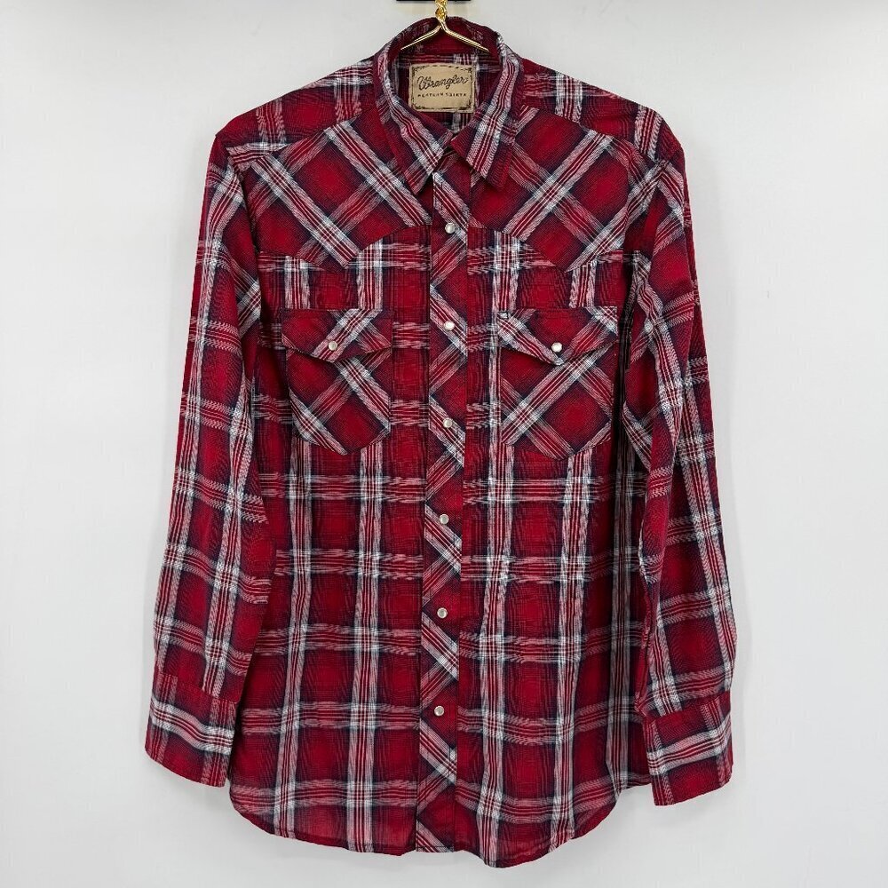 Wrangler Red Plaid Western Pearl Snap Shirt Button Down Long Sleeve Mens